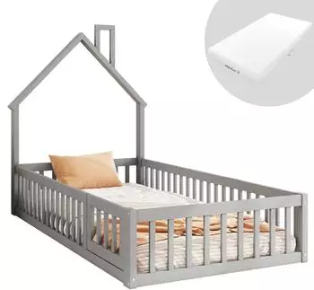 OKWISH Etagenbett 90x200cm mit Bettvorhang, Fallschutz und Gittern, weiß