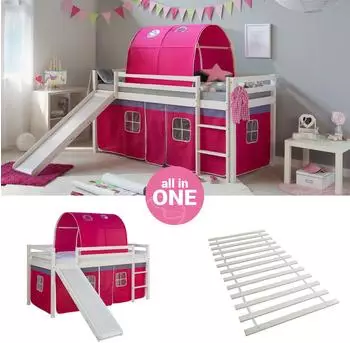 Homestyle4u Hochbett 90x200 mit Rutsche, Tunnel und Lattenrost, weiß/pink (2578)