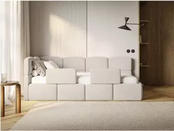 Selsey Cloudy Kinderbett 90x200 mit Rausfallschutz, Samt hellbeige (Kopfteil links)