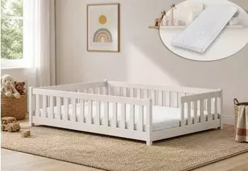 Kids Collective Bodenbett mit Rausfallschutz & Lattenrost, Montessori, 90x190cm, Baumwolle