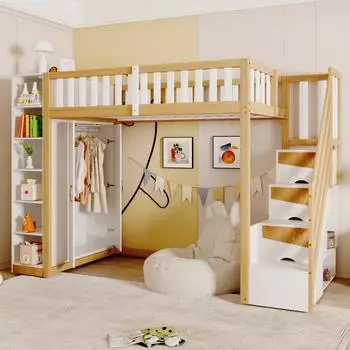 Stilvora Hochbett 90x200cm mit Kleiderschrank und Regalen, weiß/natur