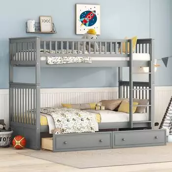 MODFU Etagenbett 90x200cm Kiefer grau, 2 Schubladen, teilbar