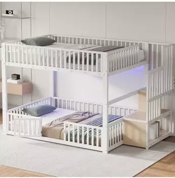 OKWISH Etagenbett 140×200 mit LED-Beleuchtung und Stauraumleiter, weiß
