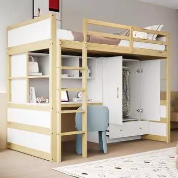 Stilvora Hochbett 90x200cm mit Schreibtisch, Kleiderschrank und Schubladen, natur (QTEQ3DDGBQR)