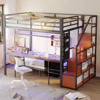 Stilvora Hochbett 140x200/90x200 mit Schreibtisch, LED & Stauraum, schwarz (QTEZPGGI98DUA5)