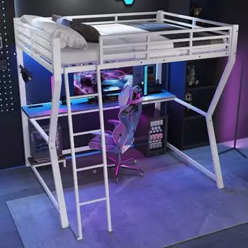 Stilvora Hochbett mit Schreibtisch, LED, USB & Treppe, 140x200cm, wei&szlig; (QTEA7ETOXJ0)