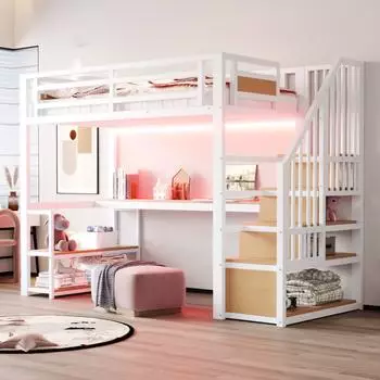 Stilvora Hochbett 90x200cm weiß, Metall, mit LED, Regal und Tisch