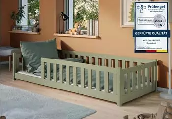 Kids Collective Bodenbett Montessori 80x160cm mit Matratze, Rausfallschutz & Lattenrost, olivgr&uuml;n