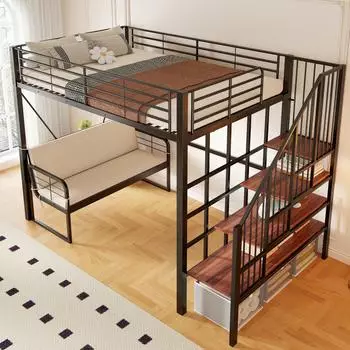 OKWISH Etagenbett 140x200cm, Metall schwarz, mit Polstersofa & Stauraumtreppe
