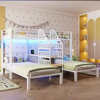 Stilvora Etagenbett 90x200cm, Metall, weiß, mit LED, USB, Schreibtisch und Regal