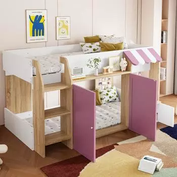 Stilvora Hochbett 90x200cm, Holz, weiß/rosa, mit Regalen und Leiter (KABMZ8NIJUSO8O9K)