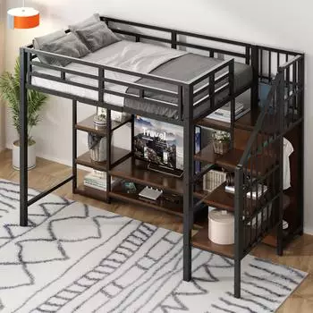 Stilvora Hochbett 90x200 mit TV-Regal, Steckdose & Aufbewahrungsleiter, Metall/Holz, schwarz (800001558761)