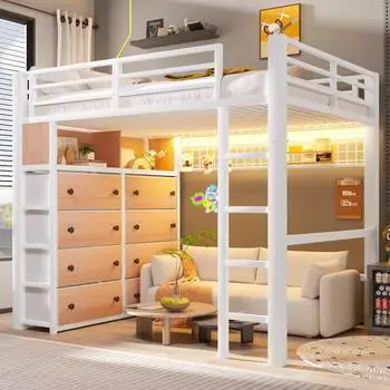 Stilvora Hochbett 140×200 mit 8 Schubladen, Regalen & LED, weiß