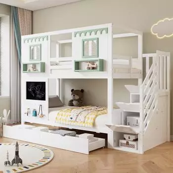 OKWISH Etagenbett 90x200cm, mit Lochplattenbereich, 2 Schubladen, Treppenregal, weiß