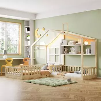 OKWISH Hausbett 90x200cm mit LED und Regal, Massivholz, natur