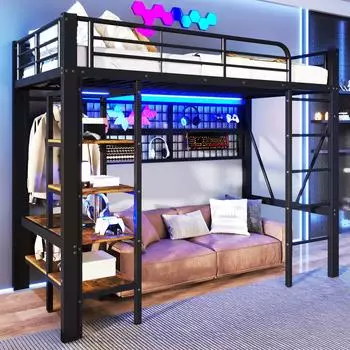 Stilvora Hochbett 90x200 Metall schwarz mit LED-Lichtleiste und Ablagefach