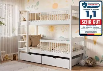 Kids Collective Hochbett Kinder, Kiefernholz, 2 Schubladen, wei&szlig; (80x180 cm)