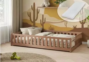 Kids Collective Kinderbodenbett mit Rausfallschutz & Lattenrost, Montessori, 90x190cm, Zimt (K9240)