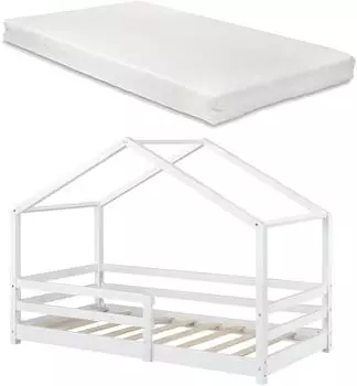 en.casa Kn&auml;tten Kinderhausbett mit Matratze & Rausfallschutz, Kiefer, wei&szlig;, 90x200cm