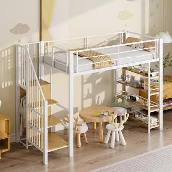 Stilvora Hochbett 90x200cm mit Treppe, Kleiderschrank & Regalen, weiß, Metall/MDF (QTEX25CF0J74UW)