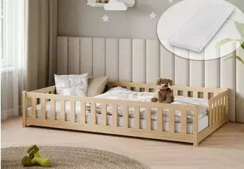 Kids Collective Kinderbodenbett mit Rausfallschutz & Lattenrost, Natur, 120x200cm
