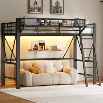 Stilvora Hochbett 90×200cm, Metall, schwarz, mit LED und Aufbewahrungskorb
