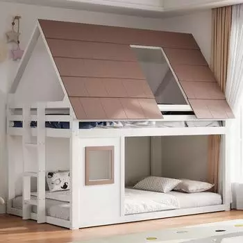 OKWISH Etagenbett Hausdesign mit Dach und Leiter, 140x200cm, weiß/braun