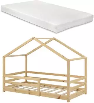 en.casa Knätten Hausbett mit Matratze & Rausfallschutz, Kiefer, 90x200cm (800000523150)