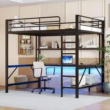 Stilvora Hochbett 140×200cm schwarz, Metall/MDF, mit Schreibtisch, Regal, LED & USB (QTEFJU9AB1AG2SV)