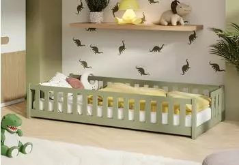 Kids Collective Montessori Bodenbett mit Rausfallschutz & Lattenrost, 90x200cm, olivgrün