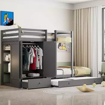 Stilvora Etagenbett mit Ausziehbett, Kleiderschrank und Schubladen, grau, 90x200cm