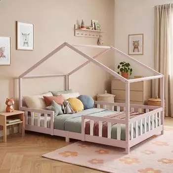 en.casa Treviolo Kinderbett mit Matratze und Rausfallschutz 120x200cm, rosa/weiß