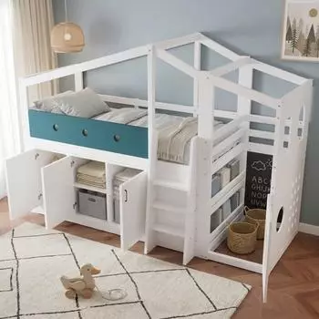 OKWISH Hochbett 90x200 mit Stauraumschrank und Spielbereich, wei&szlig;