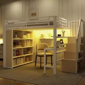 OKWISH Hochbett 140x200cm mit Schreibtisch, Regalen, Stauraumtreppe und LED, Metall/MDF, wei&szlig;