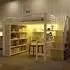 OKWISH Hochbett 140x200cm mit Schreibtisch, Regalen, Stauraumtreppe und LED, Metall/MDF, weiß