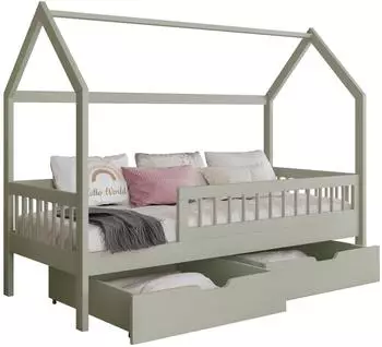 Mirjan24 Gaja 90 Kinderbett Hausbett, olivgr&uuml;n, Holz, 2 Schubladen, 90x200cm (800002002581)