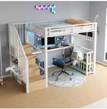 OKWISH Hochbett f&uuml;r Kinder 90x200cm, Metall/MDF, wei&szlig;, mit Schreibtisch, Regalen & LED