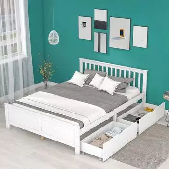OKWISH Doppelbett 140x200cm Kiefer/MDF wei&szlig; mit 2 Schubladen (800001355697)
