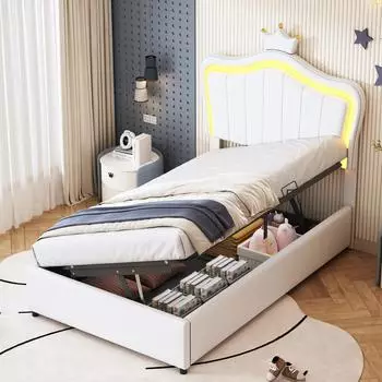 Stilvora Kinderbett 90x200 Polsterbett mit LED und hydraulischem Stauraum (KABOKM7RBUV)