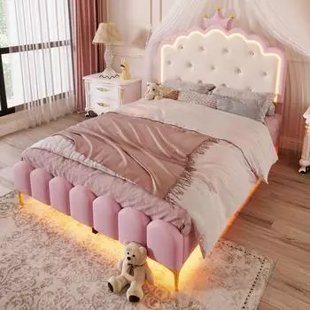 Stilvora Prinzessinnen-Polsterbett mit Lattenrost, LED, Kronenform, 140x200cm, rosa (KABOZXC6FOH)
