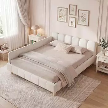 MODFU Kinderbett aus Samt, beige, 140x190cm, mit Rausfallschutz und Lattenrost