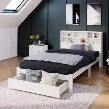 OKWISH Einzelbett mit Schubladen, Regal-Kopfteil, 90x200cm, wei&szlig;