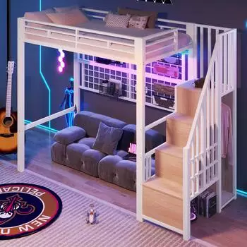Stilvora Hochbett 90&times;200cm mit Kleiderschrank, Stauraumleiter und LED-Leuchten, Metall