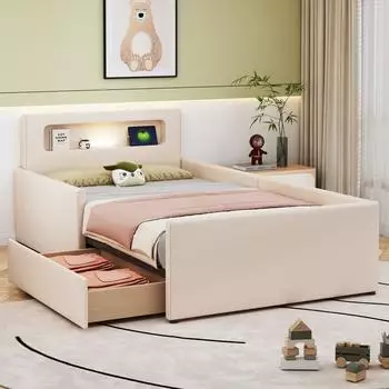 Stilvora Kinder-Einzelbett 90x200cm Kunstleder, Schubladen, LED & USB (KABLB5Y7DDY)