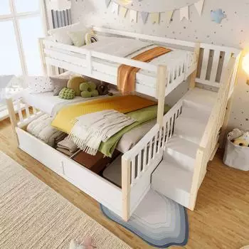 OKWISH Etagenbett mit Stauraum-Leiter 90x200 + 140x200cm, weiß/natur