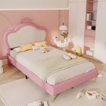 Stilvora Prinzessinbett Kinderbett mit Krone, LED, 90x200cm, rosa/wei&szlig; (KABT62HDK258E)