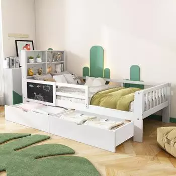 OKWISH Kinderbett mit Schubladen und Tafel, 90x200cm, wei&szlig;