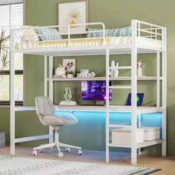 OKWISH Hochbett 90x200cm mit Schreibtisch, Regal & LED, Metall, wei&szlig;