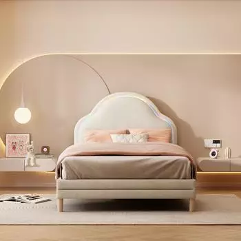 Stilvora Kinderbett mit Wolken-Kopfteil und LED, Samt, beige, 90x200cm (KABQ2R6JC8LL4O)