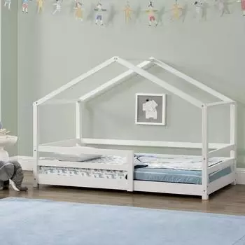 en.casa Kn&auml;tten Kinderbett Hausbett 70x140cm, Kiefernholz, wei&szlig; lackiert